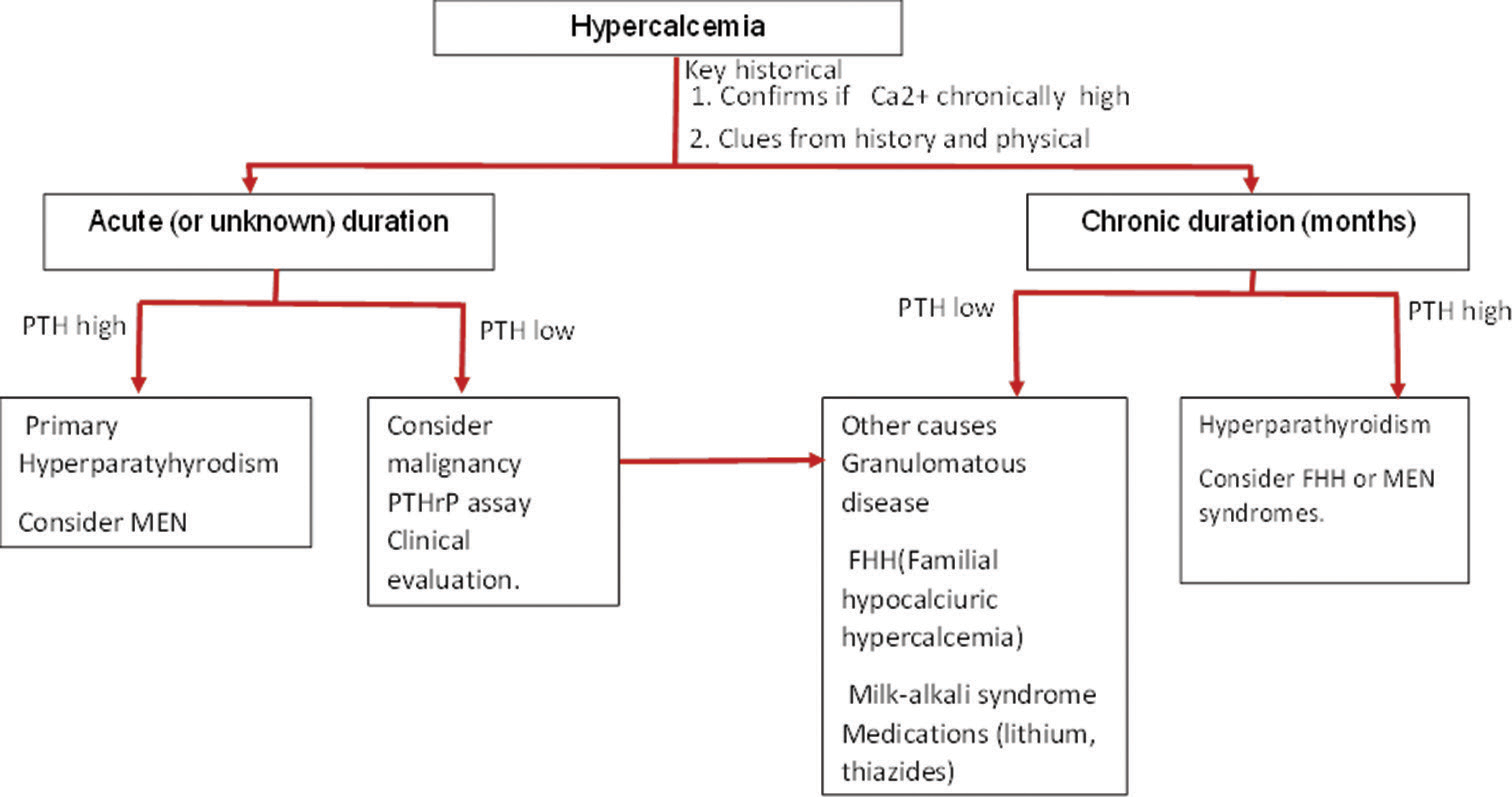 Flow chart showing the approach to patient hypercalcemia. (PTH: Parathyroid hormone, PTHrP: Parathyroid Hormone related peptide, MEN: Multiple Endocrine Neoplasia)[2]